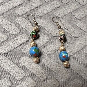 Handcrafted Cloisonné Blue & Green Bead Drop Earrings